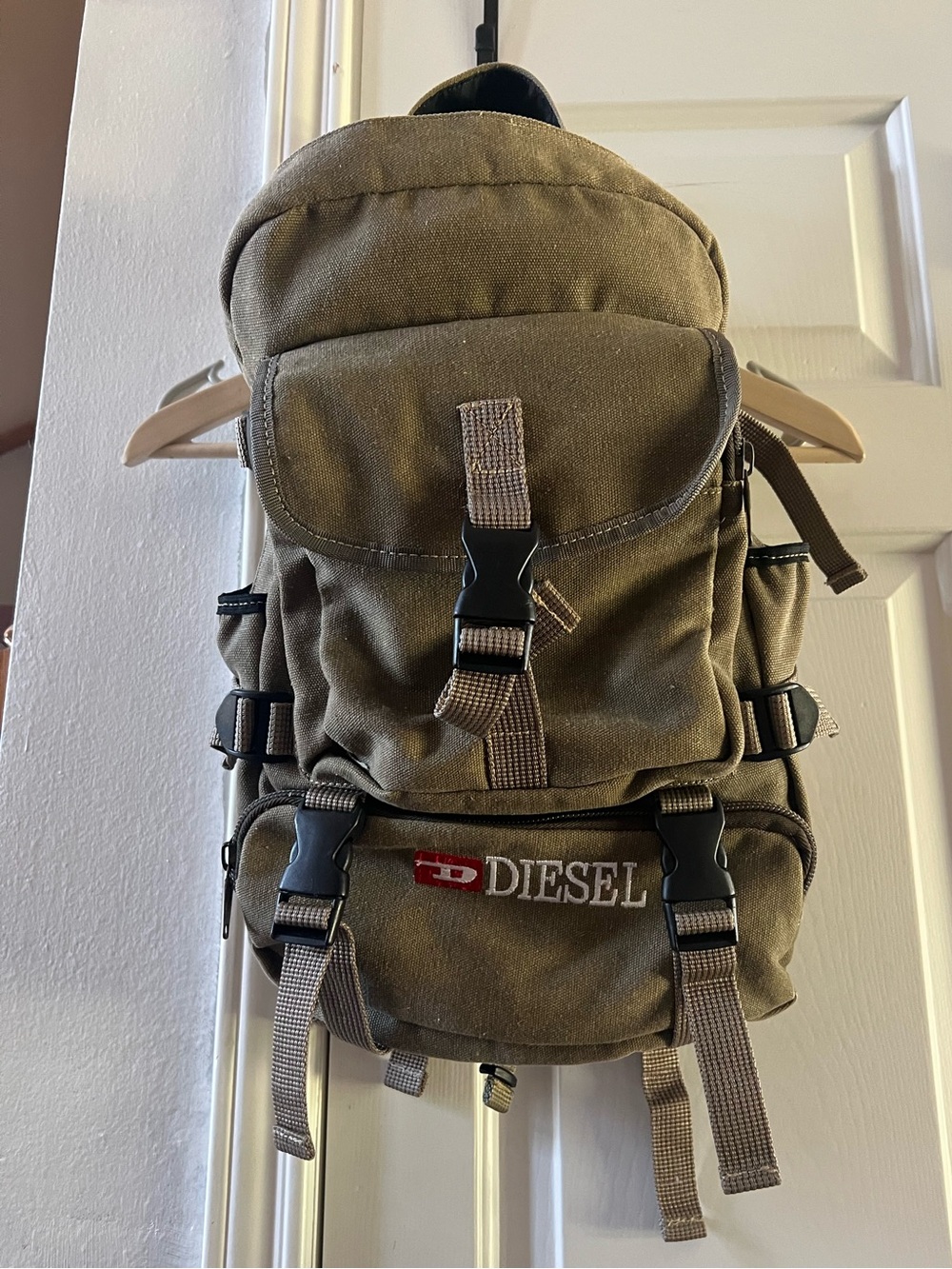 Vintage DIESEL Olive Canvas Backpack - main closure missing zipper